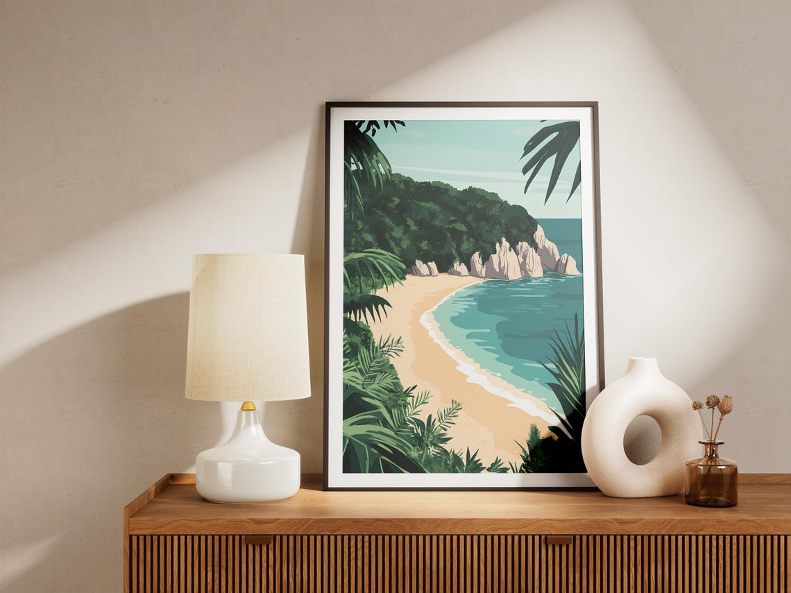 Secluded Tropical Beach Curved Bay Framed By Palm Trees Poster - Image 5