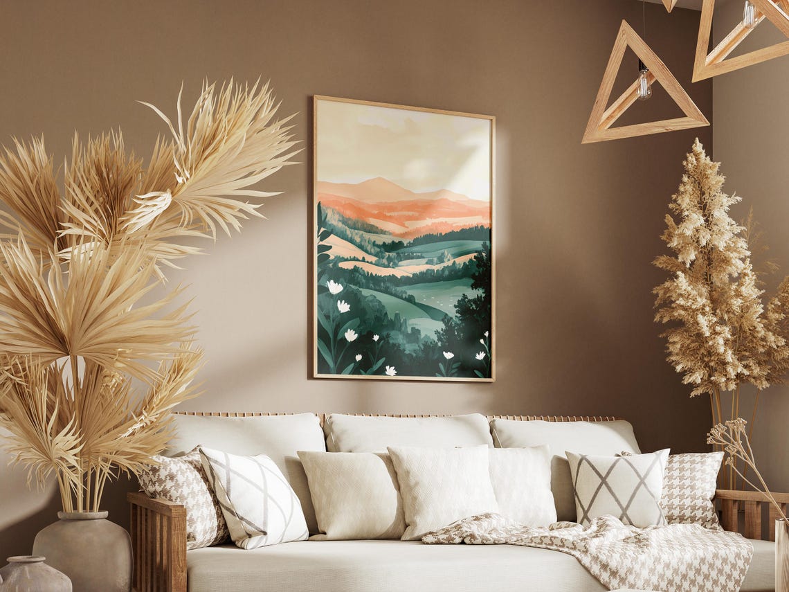 Misty Sunrise Valley With Teal Hills And White Flowers Poster - Image 3