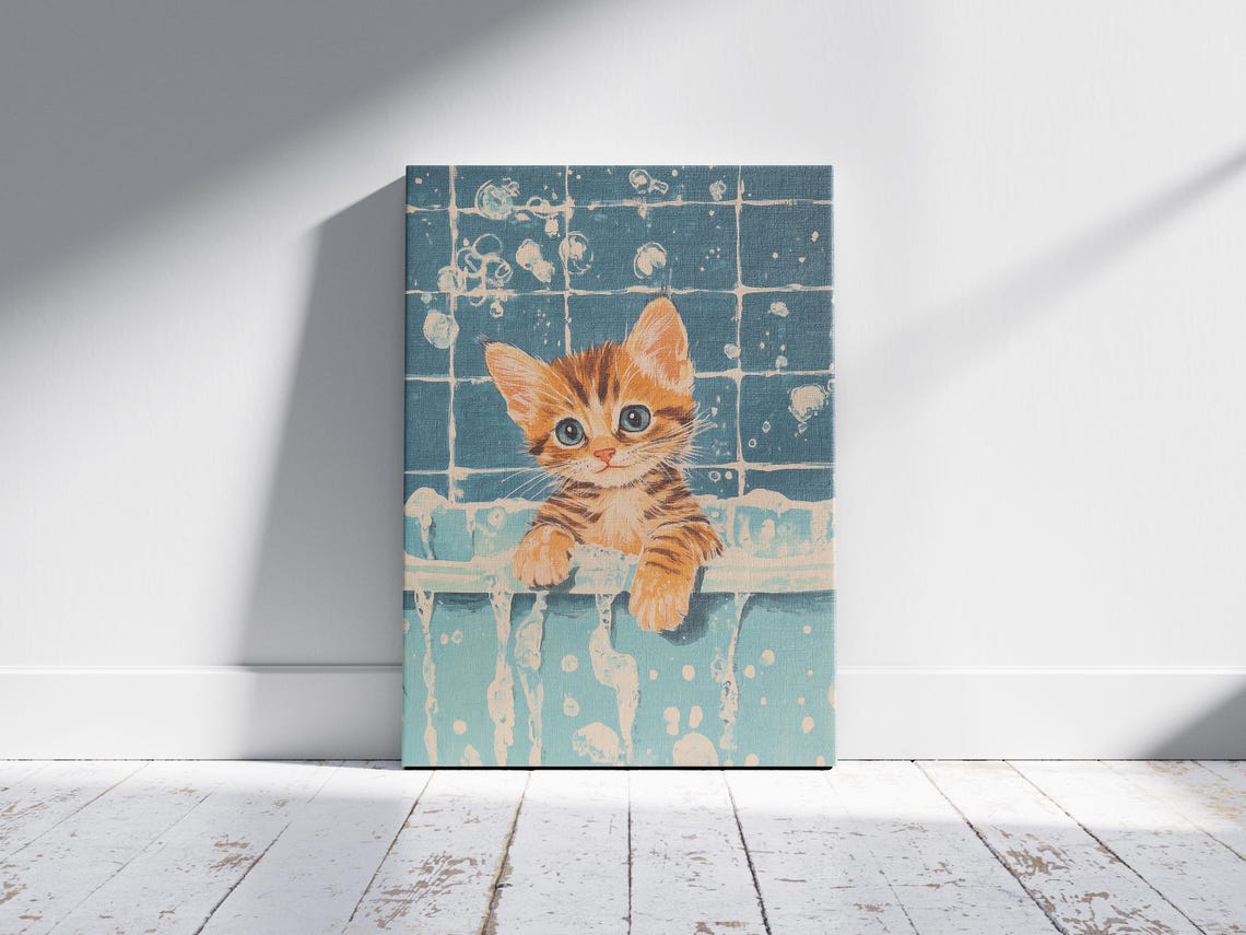 Orange Striped Kitten In Bubble Bath Poster Cute Cat Art For Bathroom - Image 2