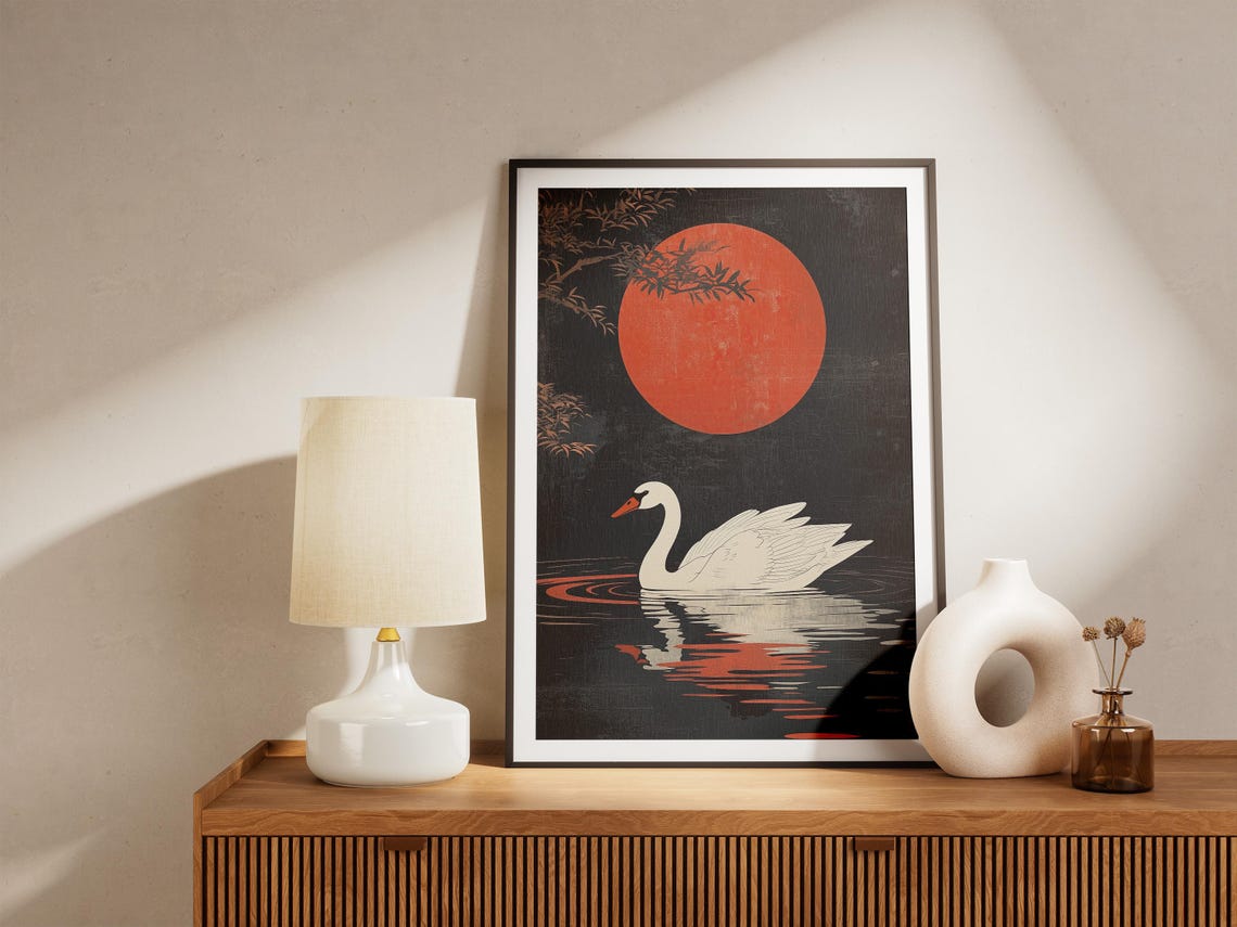Swan Under Red Sun Japanese Woodblock Style Dramatic Art Poster - Image 4