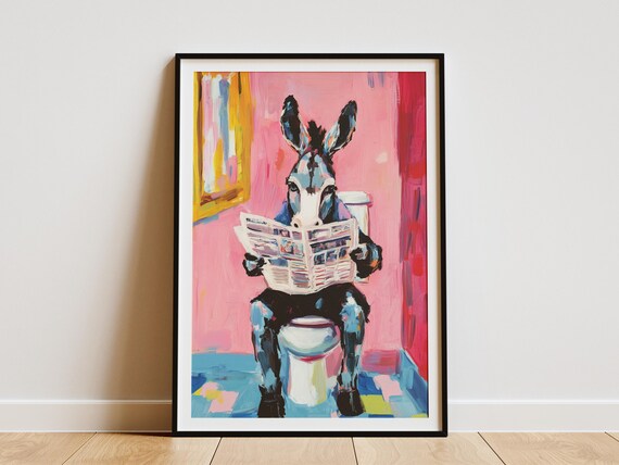 Humorous Donkey Art Print Funny Animal Poster Bathroom Decor Modern Animal Painting Whimsical Wall Art Toilet Humor Donkey Reading
