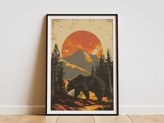 Black Bear Mountain Sunset Orange Sun Retro Wildlife Art Poster