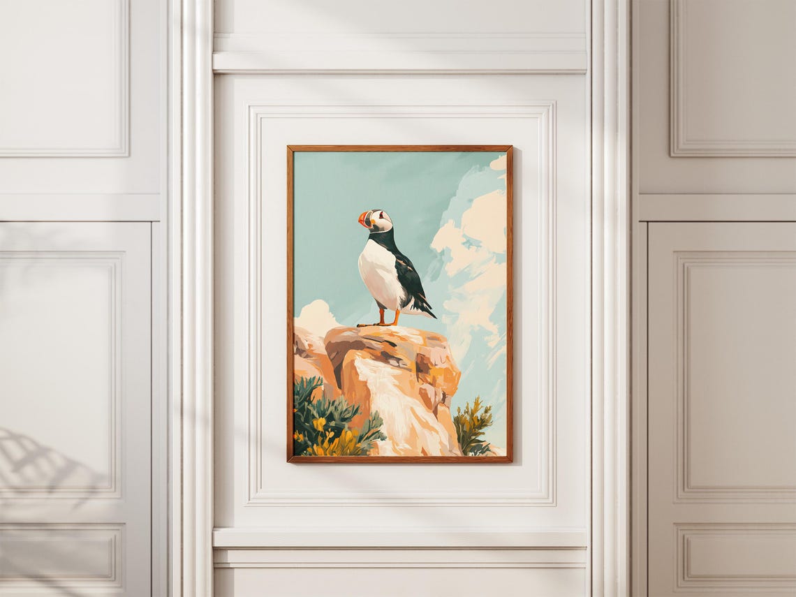 Puffin on Seaside Rocks Under a Teal Sky Coastal Bird Poster - Image 2
