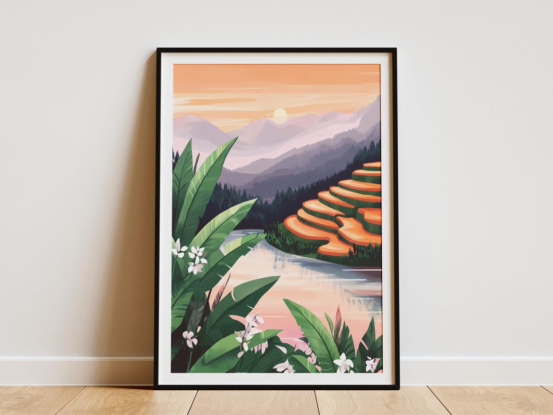 Tropical Rice Terraces Dawn Misty Mountains Landscape Poster
