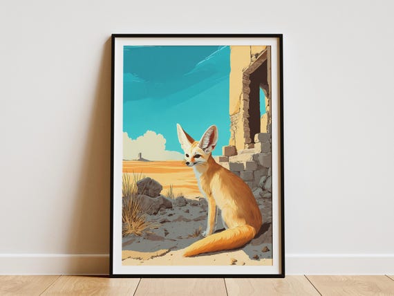 Fennec Fox Desert Art Print Ancient Ruin Wildlife Illustration Poster Minimalist Animal Wall Decor Unique Travel Gift