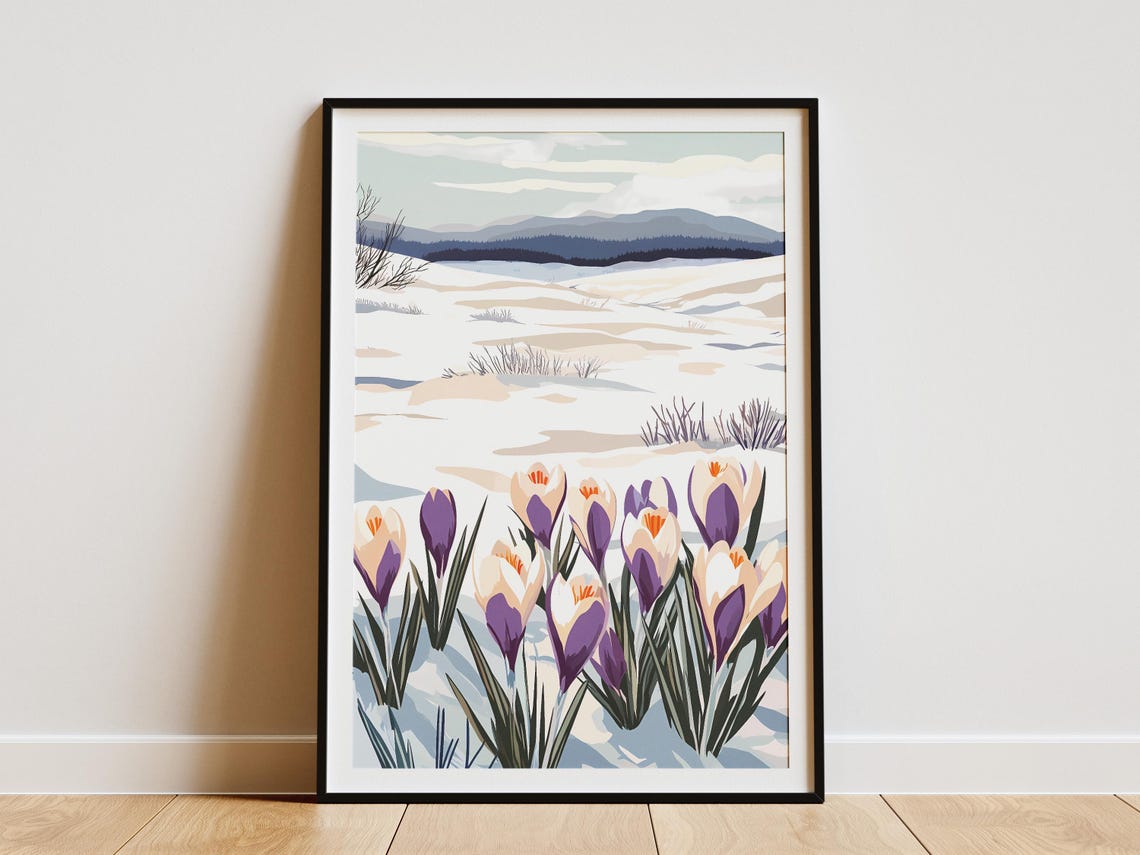 Crocus Flowers in Snow Before Distant Blue Mountains Winter Poster