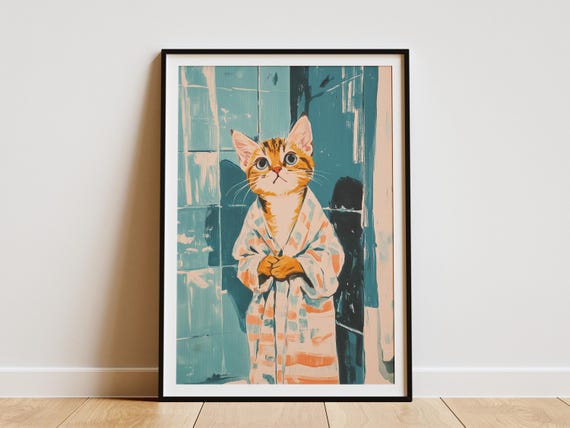 Bengal Kitten In Bathrobe Art Print Bathroom Wall Decor Cute Cat Poster Lover Gift Pet Portrait Robe Animal