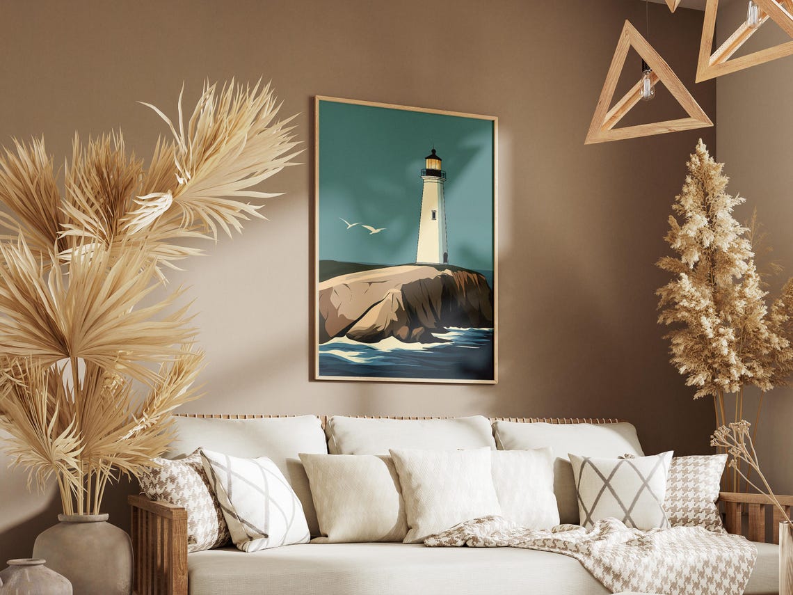Lighthouse Poster Coastal Art Print Ocean View Wall Decor Modern Home Decor Nautical Illustration Cliffside Lighthouse Beach Hous - Image 3