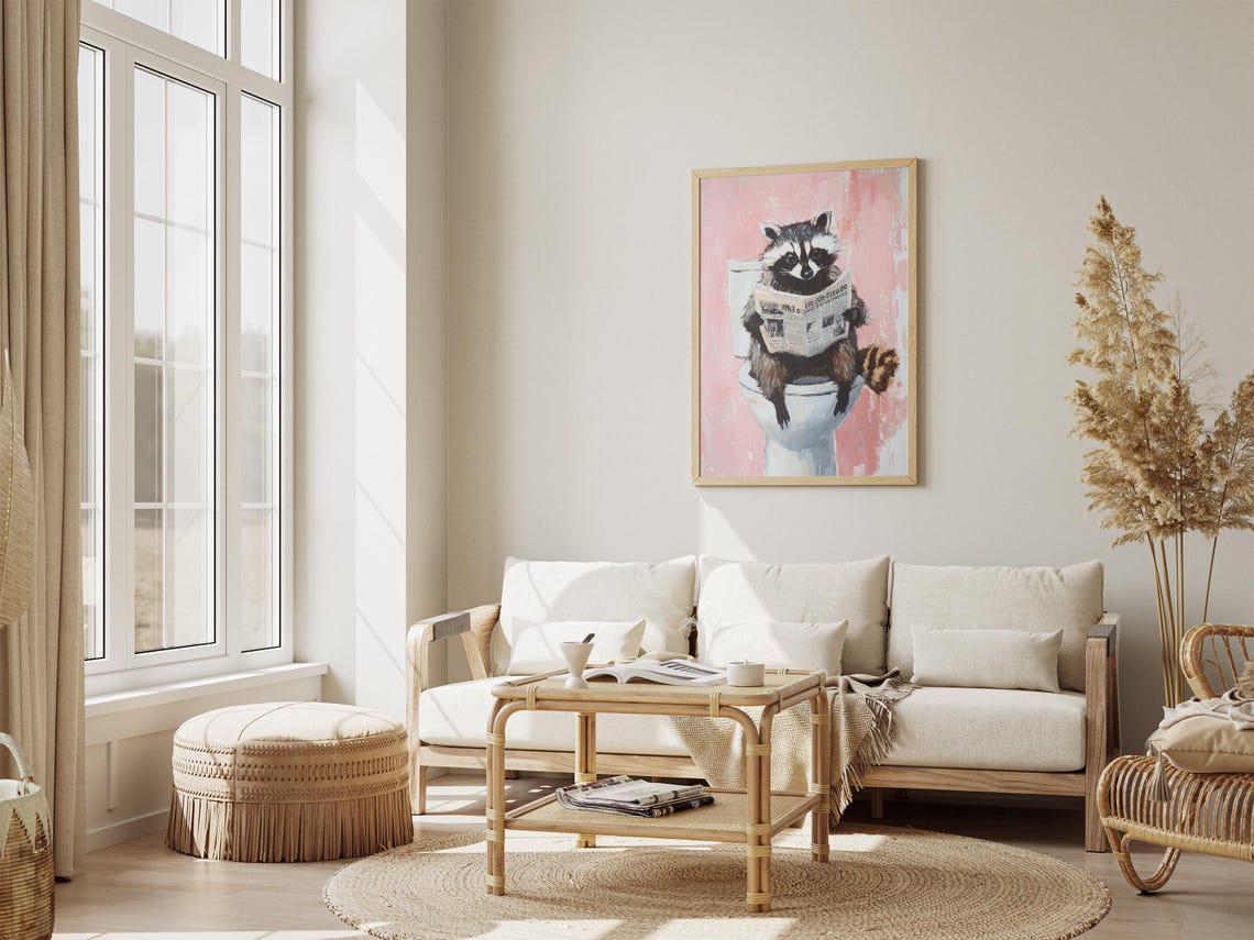 Funny Raccoon Reading Newspaper On Toilet Pink Bathroom Poster - Image 4