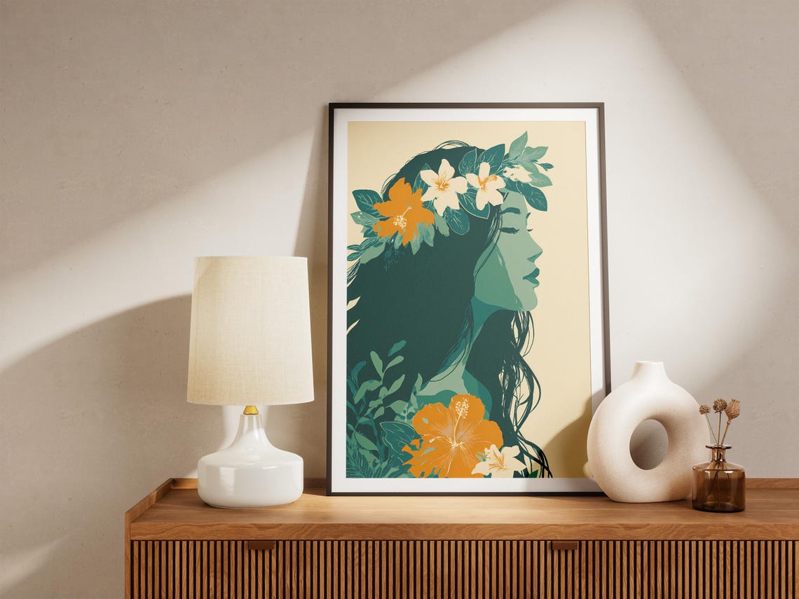 Tropical Woman Profile with Hibiscus Flowers Boho Art Poster - Image 4