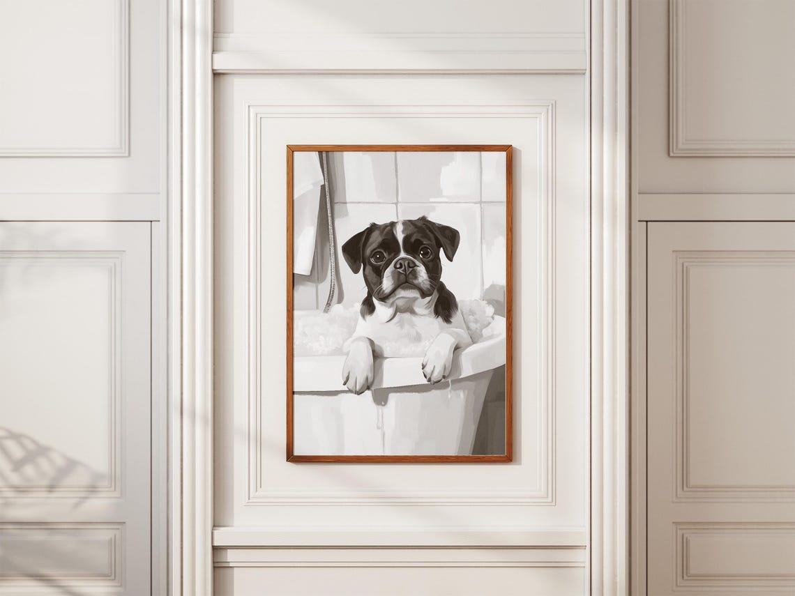 Adorable Pug Puppy Bubble Bath Minimalist Dog Bathroom Poster - Image 2