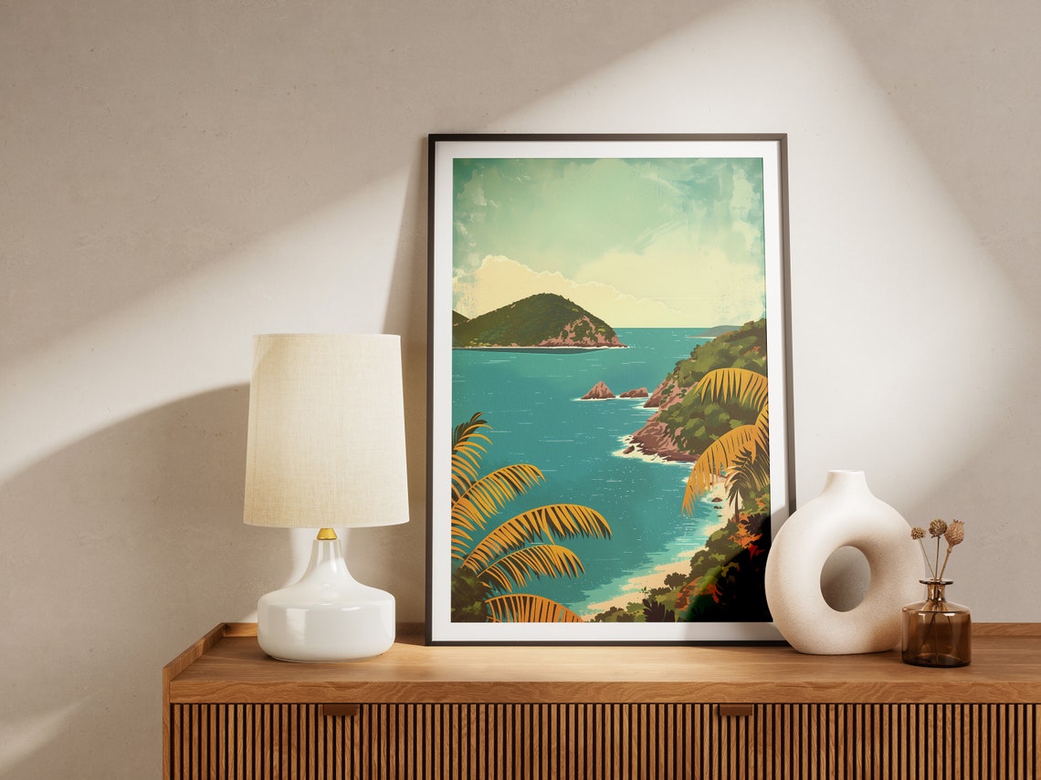 Tropical Island Coastline Palms Turquoise Bay Vintage Poster - Image 2
