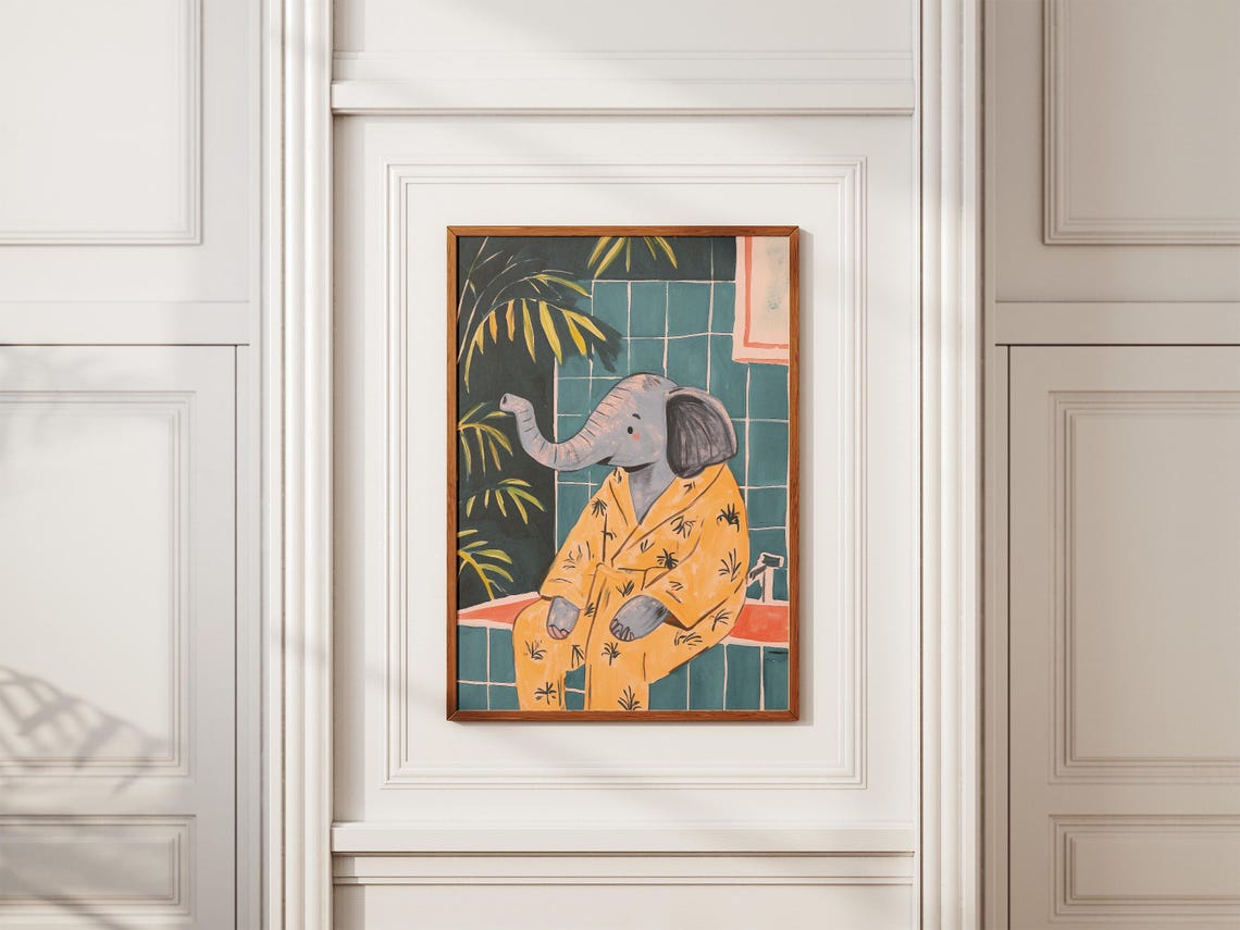 Baby Elephant in Yellow Robe Teal Bathroom Cute Animal Poster - Image 2