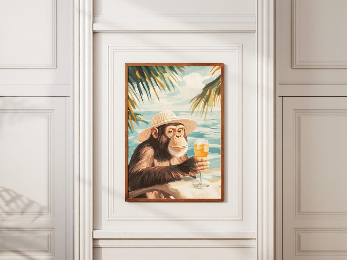 Chimpanzee in a Sun Hat Sipping a Tropical Beach Cocktail Poster - Image 2