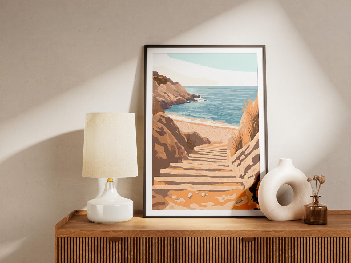 Sunlit Stone Staircase Through Tan Cliffs to the Beach Poster - Image 5