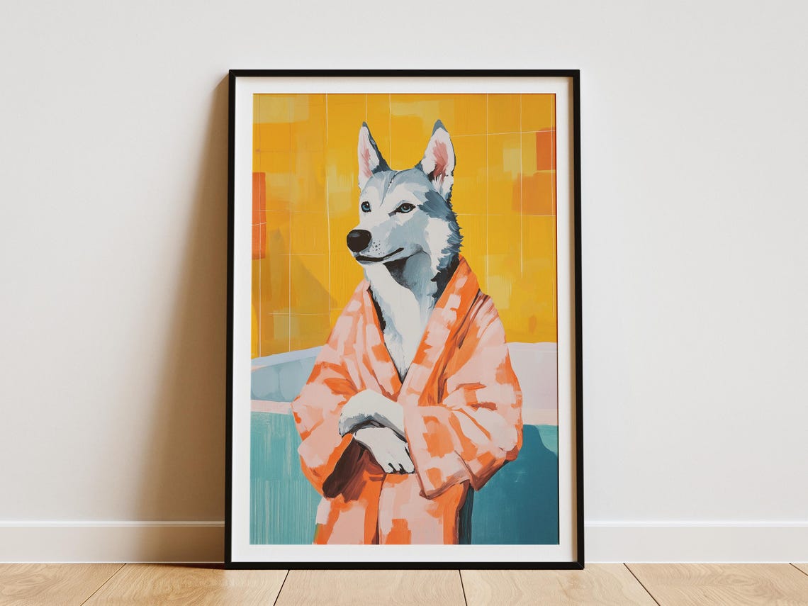 Handsome Husky In Orange Plaid Bathrobe Cozy Vintage Dog Poster