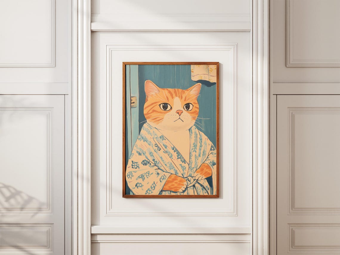 Scottish Fold Cat Bathrobe Poster Funny Bathroom Art Print Cute Animal Wall Decor Novelty Home Orange Tabby In Robe - Image 2