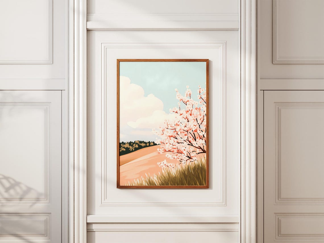 Pink Cherry Blossom Tree Over Sunlit Apricot Rolling Hills Poster - Image 2