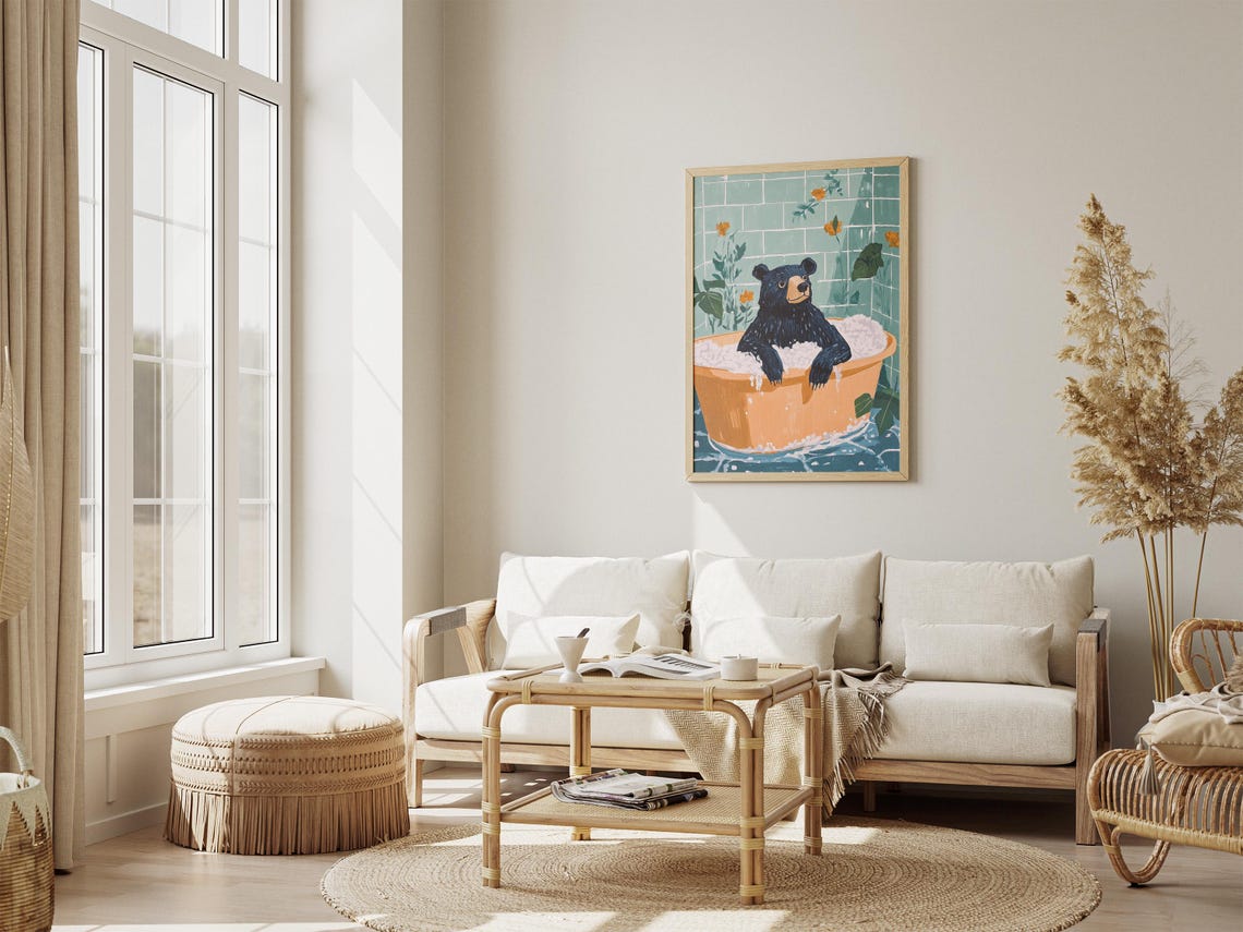 Smiling Black Bear Relaxing in a Foamy Orange Bathtub Poster - Image 4