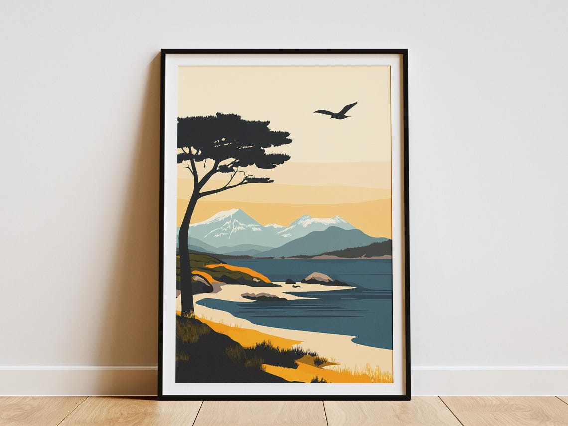 Coastal Shore Silhouette Tree Snowy Peaks Seabird Sunset Poster