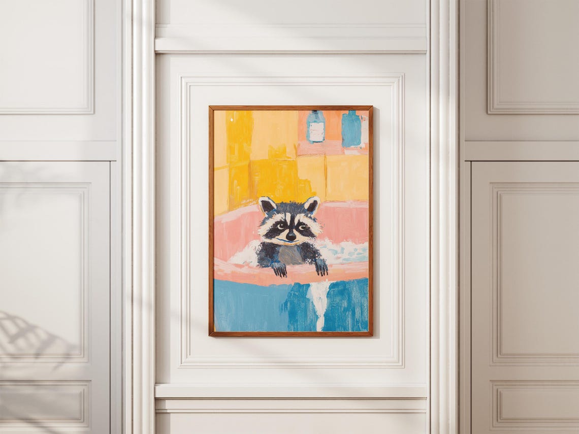 Cute Raccoon In Pink Bubble Bath Sunny Yellow Tile Bathroom Poster - Image 2
