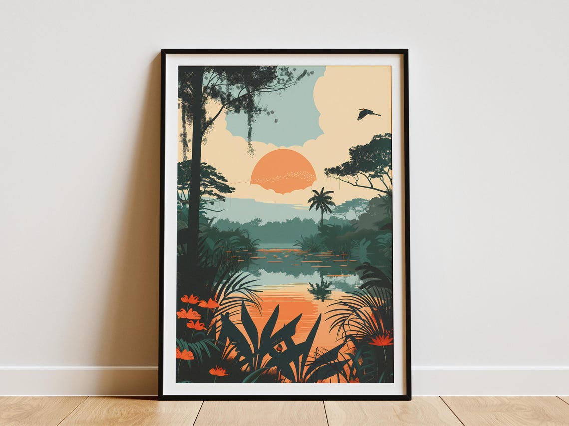Okavango Delta Botswana Golden Sunset Lagoon Tropical Art Poster