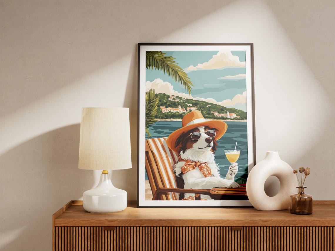 Coastal Dog Poster Summer Beach Dog Art Print Dog In Sunglasses Cute Dog Print Funny Dog Poster Border Collie Art Dog Lover Gift Pet - Image 5