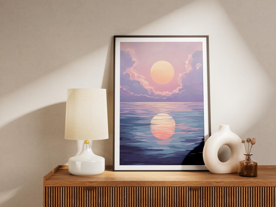 Pastel Purple Sunset Over Ocean With Sun Reflection Artwork Poster - Image 5
