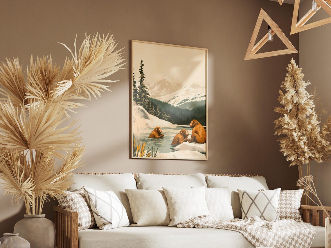 Snow Monkeys Soaking Hot Spring Mountain Winter Scenic Poster - Image 3