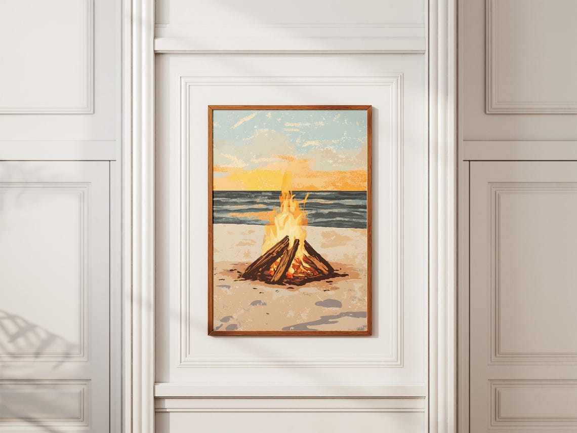 Beach Bonfire at Sunset Warm Ocean Evening Illustration Poster - Image 2