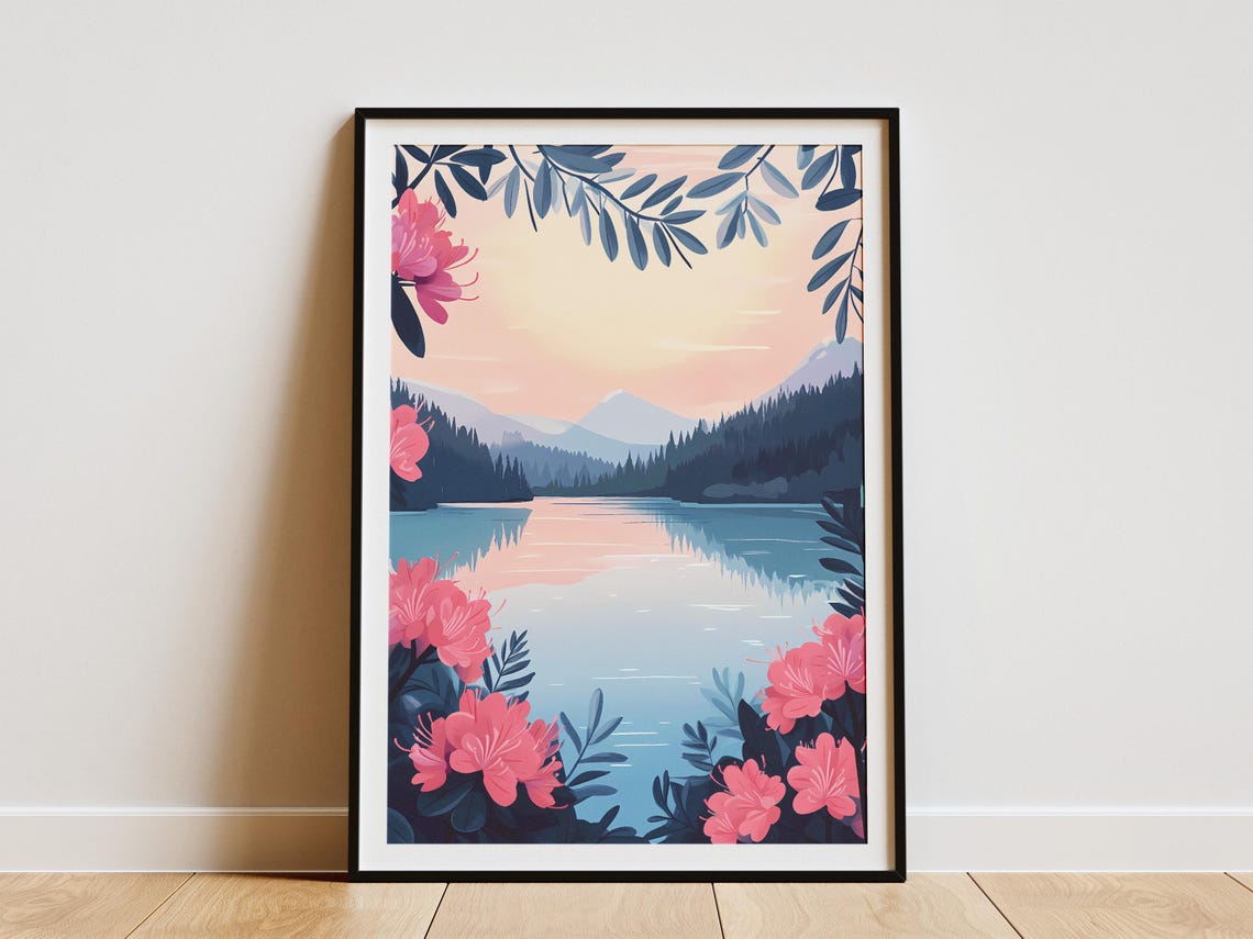 Pink Sunset Lake Rhododendron Blossom Border Romantic Poster