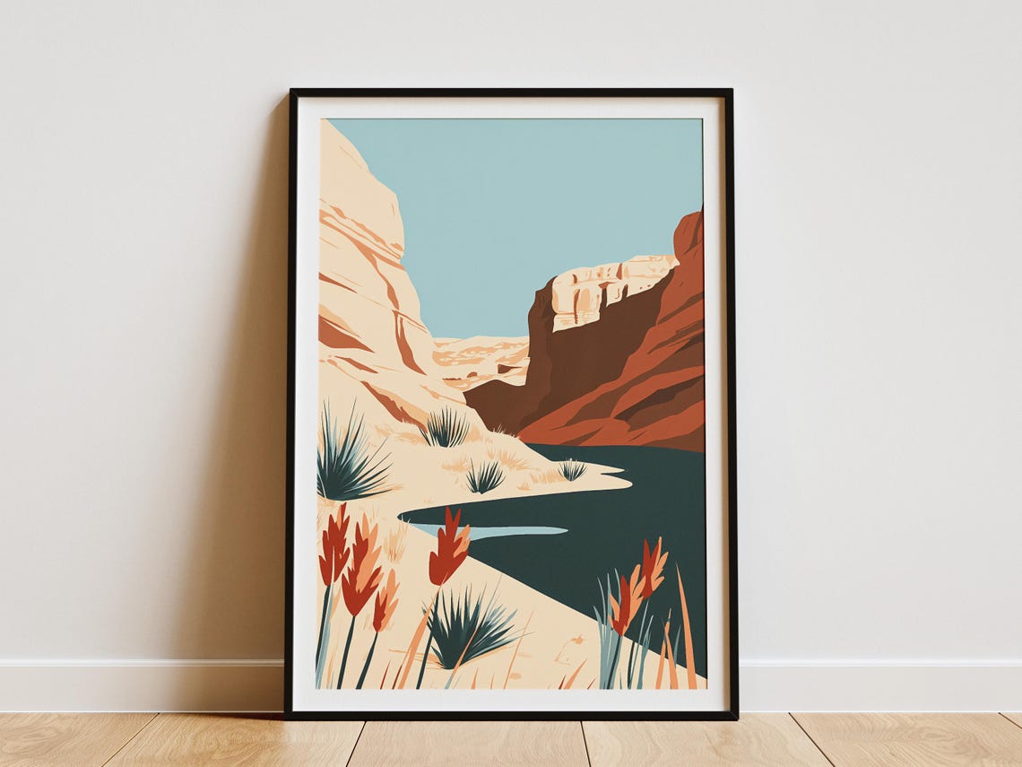 Desert Canyon River With Red Wildflowers Minimalist Art Poster