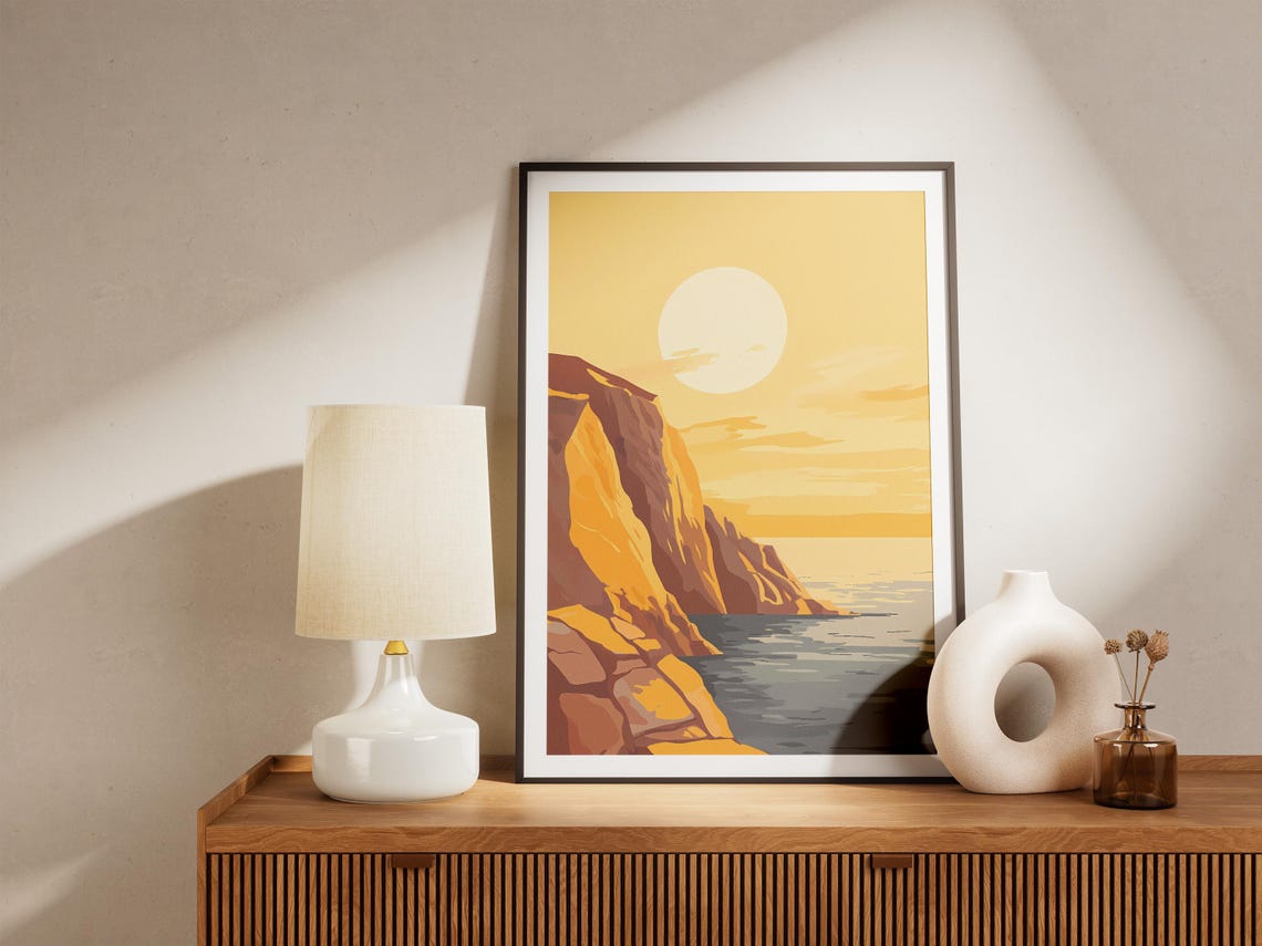 Sunlit Minimalist Golden Cliffs Beneath a Giant White Sun Poster - Image 5