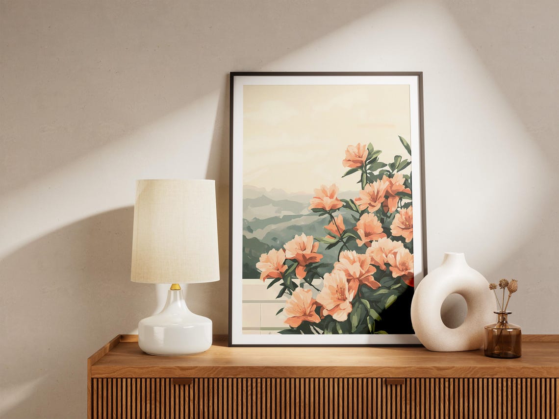 Peach Azalea Blossoms Overlooking Misty Green Hills Floral Poster - Image 5