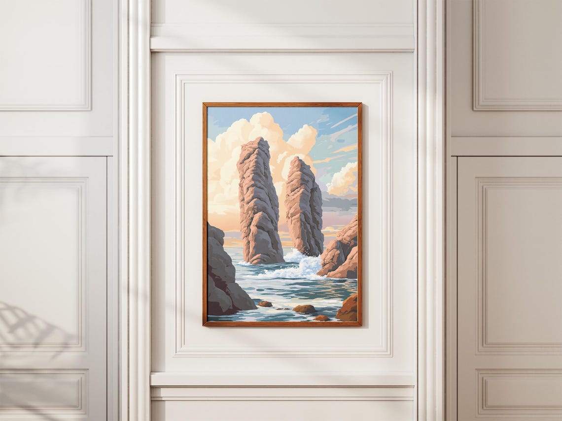 Twin Ocean Rock Pillars Rising from the Surf at Golden Hour Poster - Image 2