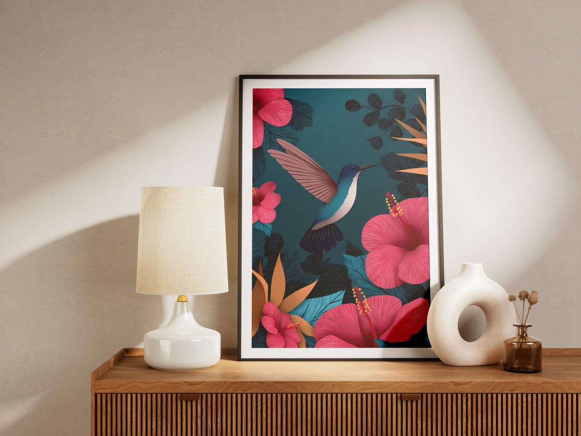 Hummingbird Among Pink Hibiscus Flowers Tropical Botanical Poster - Image 4
