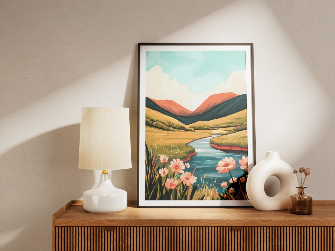 Coral Mountain Sunset Valley River With Pink Wildflowers Poster - Image 4