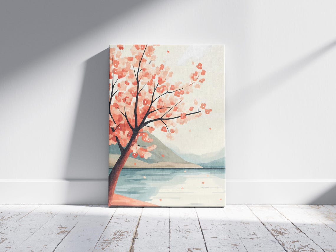Cherry Blossom Tree Over Calm Lake Japanese Style Landscape Art Poster - Image 2