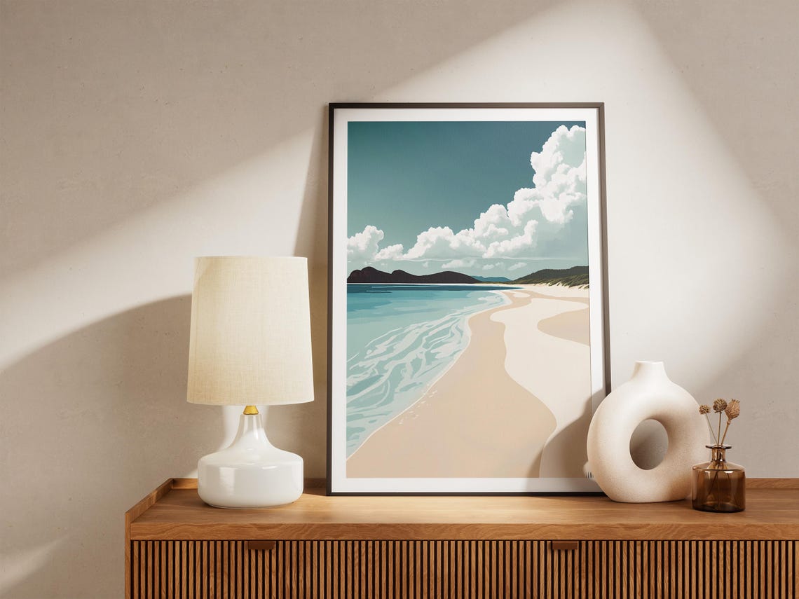 White Sand Beach with Billowing Clouds Coastal Art Poster Scenic - Image 5