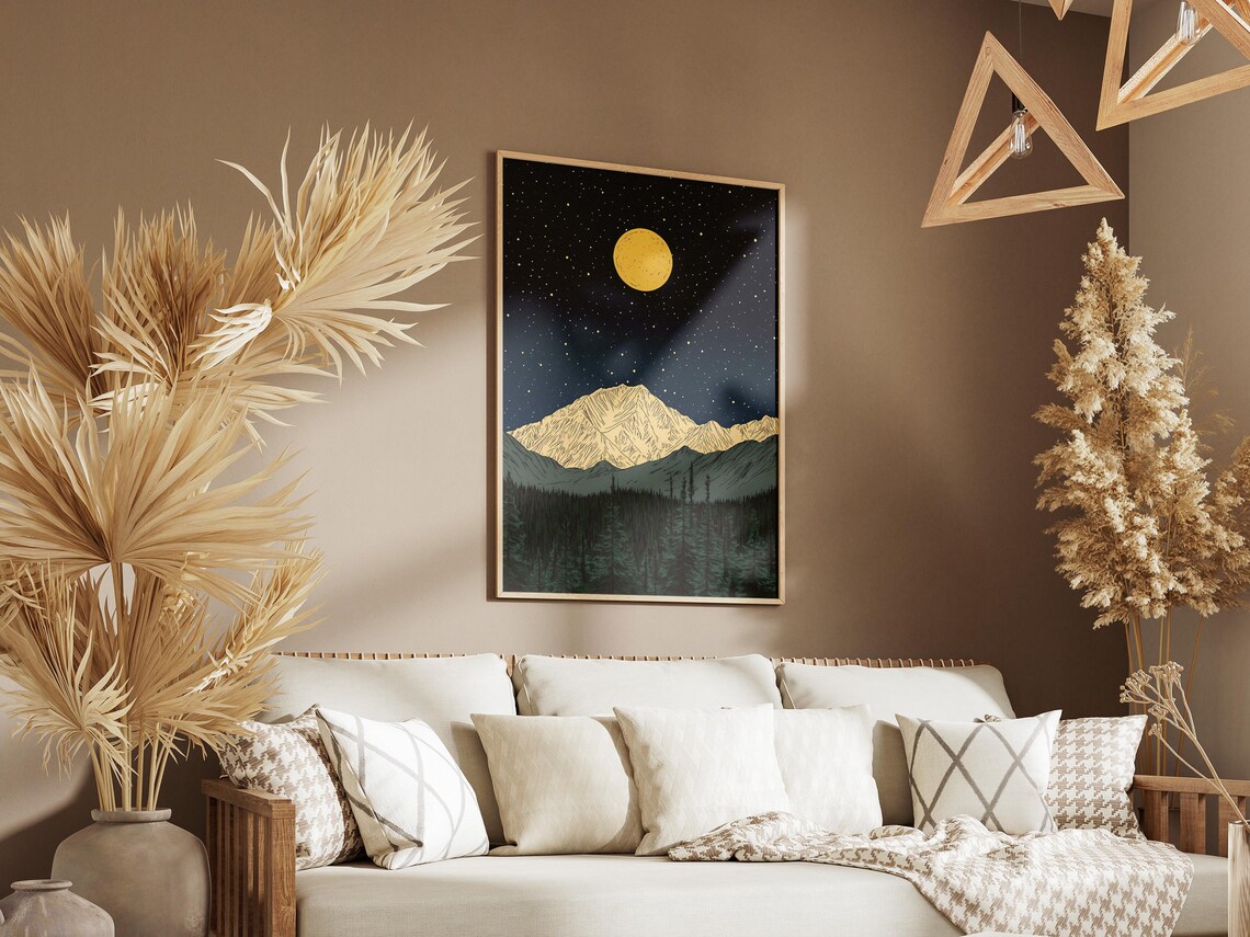 Denali National Park Alaska Moonlit Snowy Peaks Forest Starry Art Poster - Image 3
