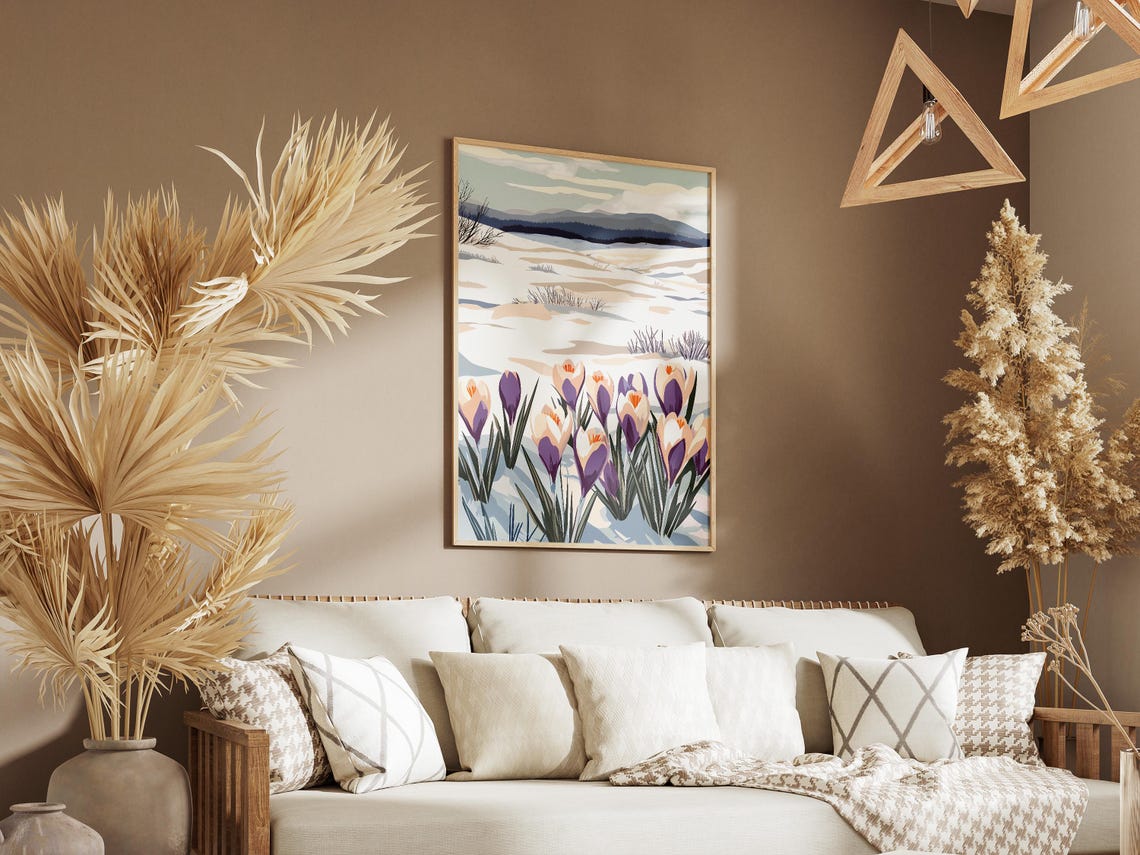 Crocus Flowers in Snow Before Distant Blue Mountains Winter Poster - Image 3