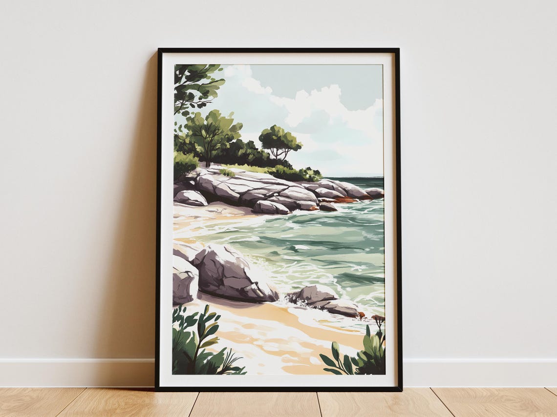 Rocky Green Cove With Rolling Waves Coastal Landscape Poster