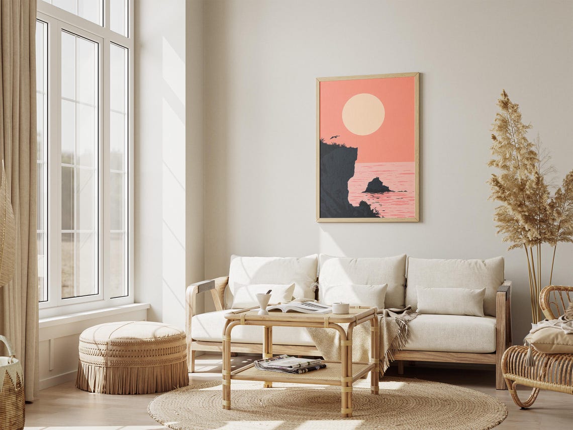 Coral Sunset Over a Black Cliff Silhouette and Pink Sea Poster - Image 4