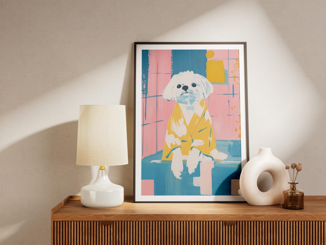 Cute White Fluffy Dog in Yellow Robe Colorful Pop Art Poster - Image 4