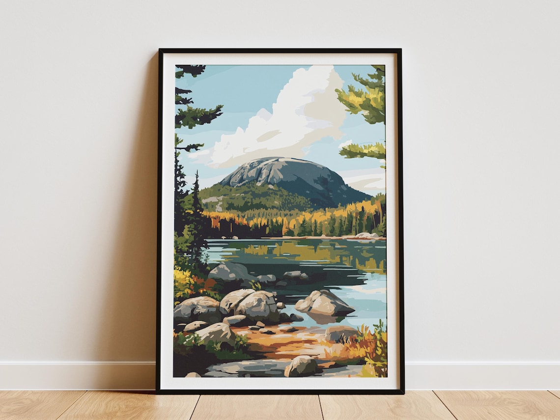 Acadia National Park Maine Granite Mountain Lake Travel Art Poster
