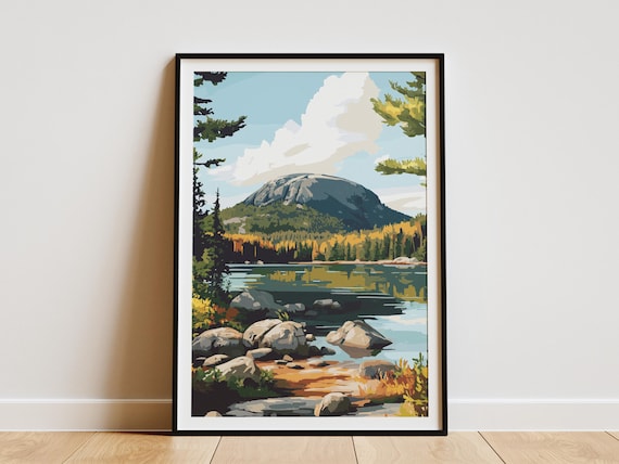 Acadia National Park Maine Granite Mountain Lake Travel Art Poster