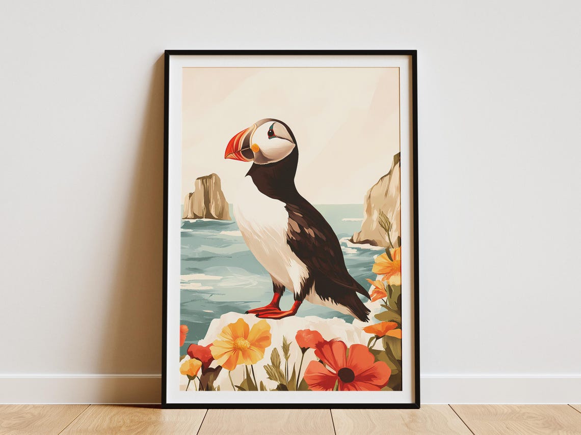 Puffin Portrait on a Flowering Cliff by the Sea Shore Art Poster