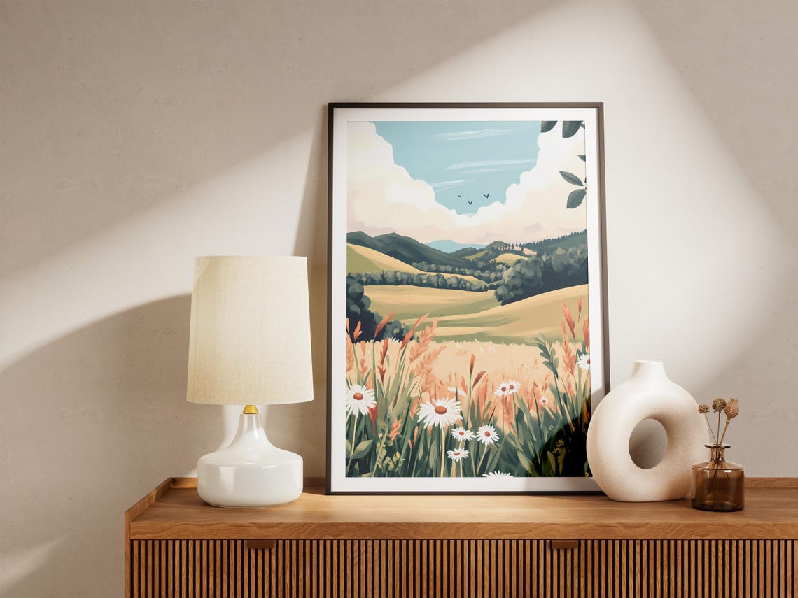 Sunlit Wildflower Meadow with Daisies and Rolling Hills Poster - Image 5
