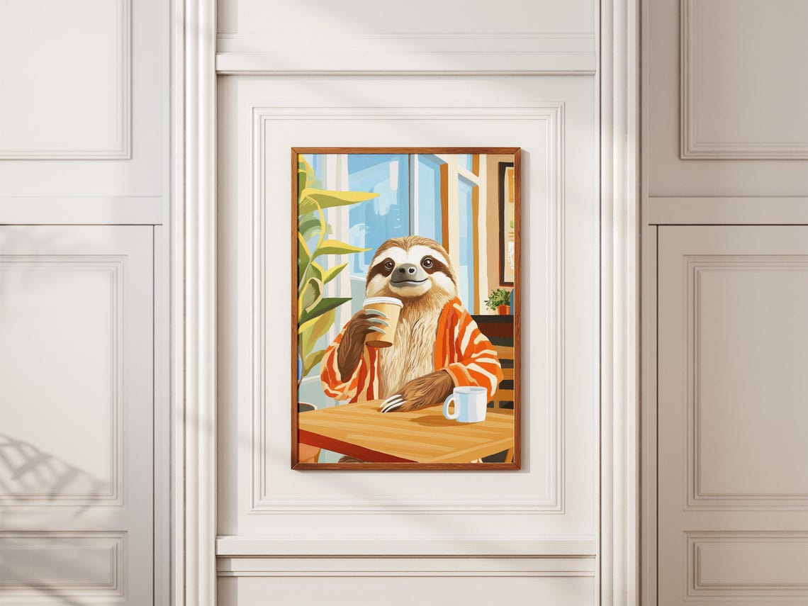 Sleepy Sloth in a Striped Robe with Takeaway Coffee Morning Poster - Image 2