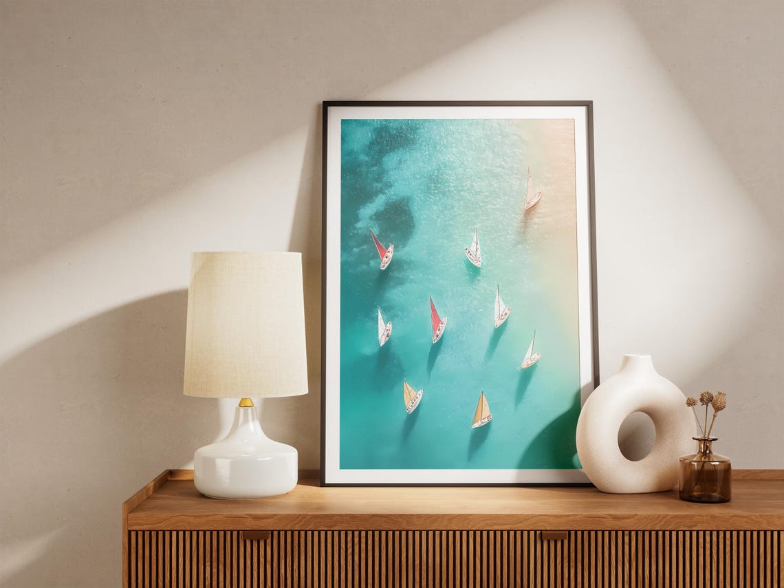 Aerial View of Small Sailboats Gliding on Turquoise Sea Water Poster - Image 5